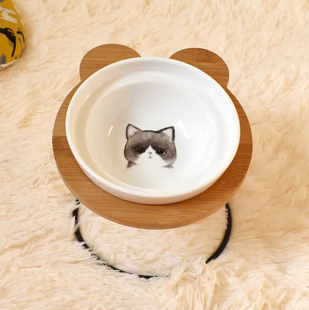 COMDEDERO ELEVADO DE BAMBÚ + PLATO CERAMICA PARA GATOS