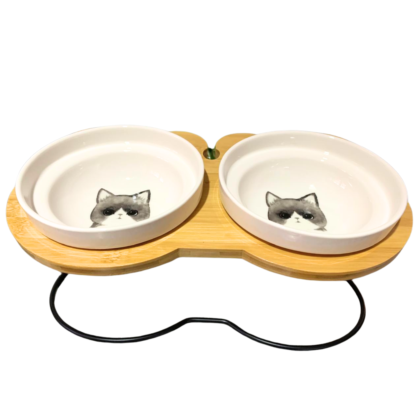 COMEDERO ELEVADO DE BAMBÚ + PLATO CERAMICA PARA GATOS