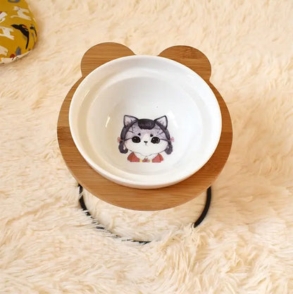 COMDEDERO ELEVADO DE BAMBÚ + PLATO CERAMICA PARA GATOS