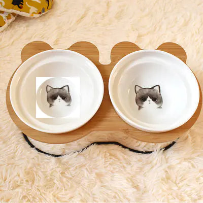 COMDEDERO ELEVADO DE BAMBÚ + PLATO CERAMICA PARA GATOS