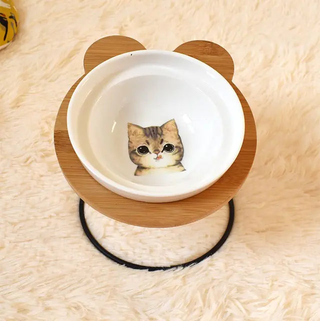 COMDEDERO ELEVADO DE BAMBÚ + PLATO CERAMICA PARA GATOS