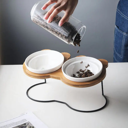 COMDEDERO ELEVADO DE BAMBÚ + PLATO CERAMICA PARA GATOS
