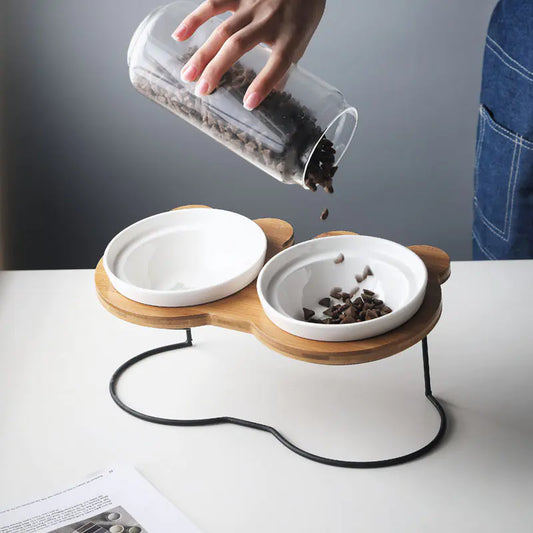 COMDEDERO ELEVADO DE BAMBÚ + PLATO CERAMICA PARA GATOS