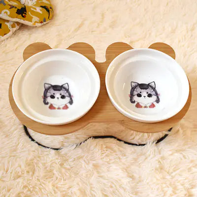 COMDEDERO ELEVADO DE BAMBÚ + PLATO CERAMICA PARA GATOS