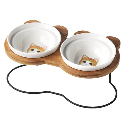 COMDEDERO ELEVADO DE BAMBÚ + PLATO CERAMICA PARA GATOS