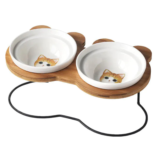 COMDEDERO ELEVADO DE BAMBÚ + PLATO CERAMICA PARA GATOS